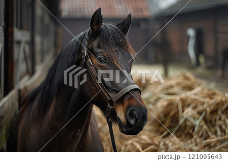 A close-up of a beautiful horse standing in a stable, surrounded by hay. A close-up of a beautiful horse standing in a stable, surrounded by hay. 121095643