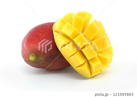 Fresh Mango With Vibrant Yellow Cubes Isolated on White Background 121095665