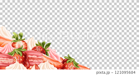 A border of whipped cream, strawberry slices and macaroons. Berry pink decor for birthday parties, wedding. Topping for cakes, cupcakes, ice cream. Confectionery sweets. Isolated illustration, frame A border of whipped cream, strawberry slices and macaroons. Berry pink decor for birthday parties, wedding. Topping for cakes, cupcakes, ice cream. Confectionery sweets. Isolated illustration, frame 121095684