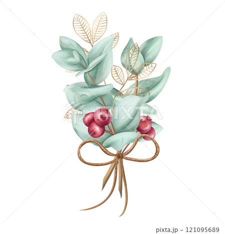 A bouquet of eucalyptus twigs, cranberry berries, golden leaves. Festive seasonal winter decor made of organic renewable materials. Sustainable Christmas, Easter, holidays. Isolated illustration A bouquet of eucalyptus twigs, cranberry berries, golden leaves. Festive seasonal winter decor made of organic renewable materials. Sustainable Christmas, Easter, holidays. Isolated illustration 121095689