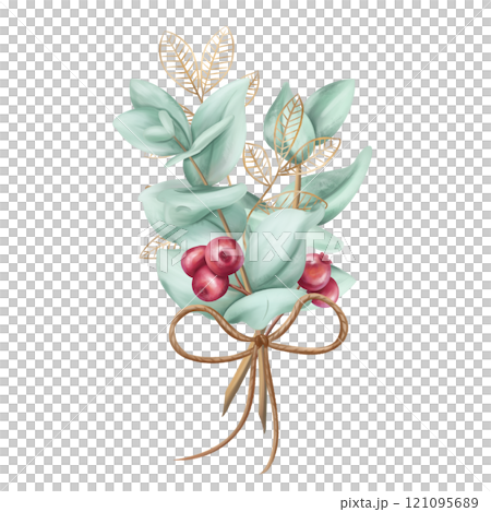 A bouquet of eucalyptus twigs, cranberry berries, golden leaves. Festive seasonal winter decor made of organic renewable materials. Sustainable Christmas, Easter, holidays. Isolated illustration A bouquet of eucalyptus twigs, cranberry berries, golden leaves. Festive seasonal winter decor made of organic renewable materials. Sustainable Christmas, Easter, holidays. Isolated illustration 121095689