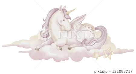 Unicorn with on cloud watercolor illustration. Drawing of cute little Horse with horn and wing for Baby girl greeting cards or childish birthday invitation. Pony Pegasus for nursery wall art. 121095717
