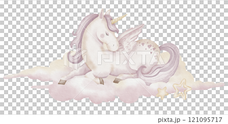Unicorn with on cloud watercolor illustration. Drawing of cute little Horse with horn and wing for Baby girl greeting cards or childish birthday invitation. Pony Pegasus for nursery wall art. 121095717