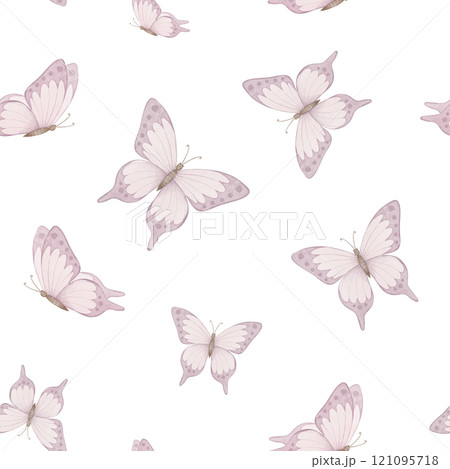 Seamless watercolor Pattern with pastel pink Butterflies on a isolated background. Illustration of Backdrop for wallpapers, wrapping paper, textile designs, or nursery decor. Ornament for linen. 121095718