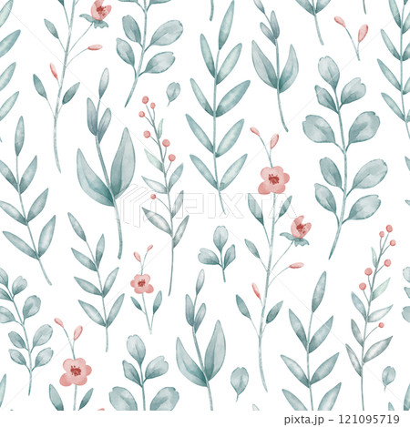 Seamless watercolor botanical pattern with green leaves, branches, and delicate wildflowers in pastel tones. Illustration of Background for nursery wallpaper, childish wrapping paper or baby textiles. 121095719