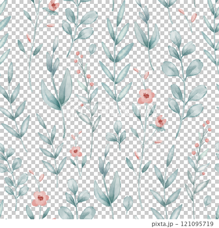 Seamless watercolor botanical pattern with green leaves, branches, and delicate wildflowers in pastel tones. Illustration of Background for nursery wallpaper, childish wrapping paper or baby textiles. 121095719