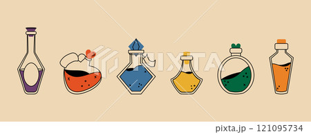 A set of different bottles with potions in a retro style. Magic and alchemy. 121095734