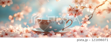 The warm sunlight illuminates a vintage teacup, with sakura tree petals cascading around it, evoking a romantic and tranquil setting perfect for tea time, banner 121096071