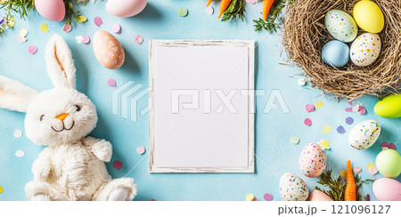 Easter bunny with carrots, colored eggs. Watercolor illustration. Springtime cute rabbit nest, painted eggs decoration. 121096127