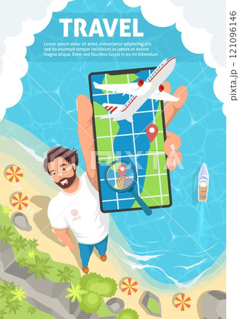 Happy man tourist advertising travel showing smartphone app Happy man tourist advertising travel showing smartphone app 121096146