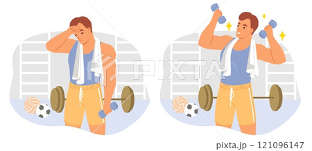 Tired and motivated sportsman training at gym 121096147