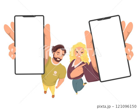 Couple looking and holding raised smartphone up 121096150