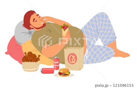 Lazy overweight man character eating junk fast food lying on pillows 121096153