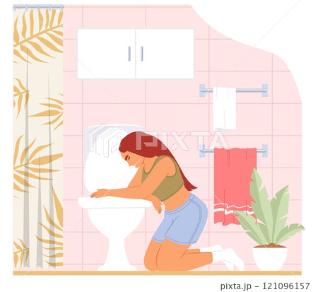 Young woman burping over toilet feeling vomiting and nausea 121096157