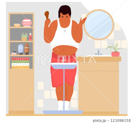 Upset fat man cartoon character standing on body scales Upset fat man cartoon character standing on body scales 121096158