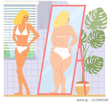 Young slim woman looking at mirror reflection worrying about body shape Young slim woman looking at mirror reflection worrying about body shape 121096160