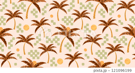Palm tree seamless pattern design with sun motif. Geometric texture with checkered vintage color background 121096199