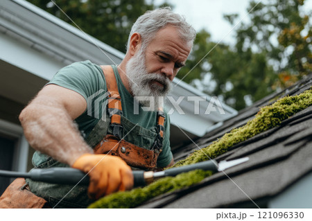 Worker repairing roof tiles covered in moss Worker repairing roof tiles covered in moss 121096330
