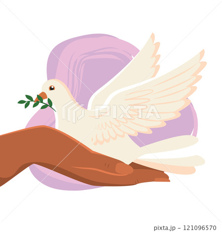 Dove resting on hand holding olive branch Vector 121096570