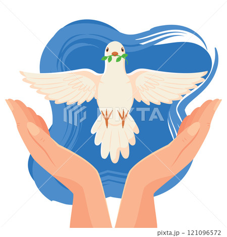 Dove with olive branch and open hands below Vector 121096572