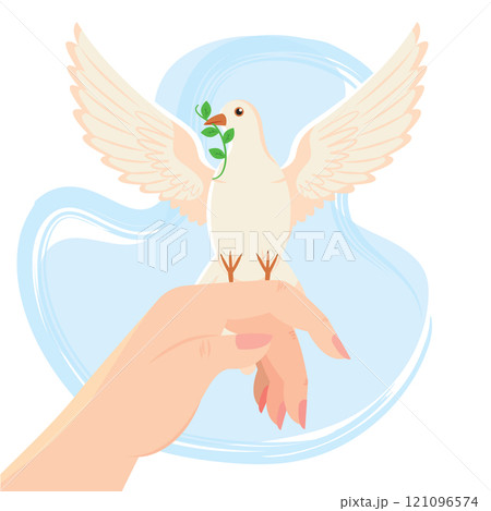 Dove on hand with olive branch and blue swirl Vector 121096574