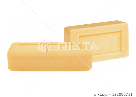 Two bars of Marseille soap, one behind the other in a very beautiful horizontal composition Two bars of Marseille soap, one behind the other in a very beautiful horizontal composition 121096711