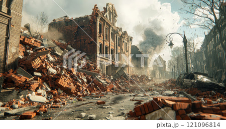 Urban destruction scene with ruined buildings and debris in post-apocalyptic setting 121096814