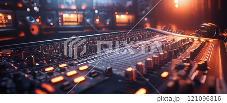 Audio mixer in professional recording studio with warm ambient lighting 121096816