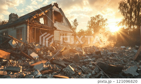 Sunlit aftermath of destroyed house in ruins with debris at sunset Sunlit aftermath of destroyed house in ruins with debris at sunset 121096820