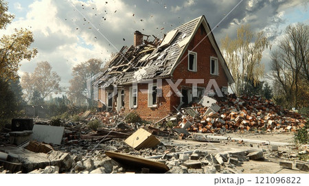 Destruction of brick house from disastrous storm with debris in autumn landscape Destruction of brick house from disastrous storm with debris in autumn landscape 121096822