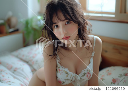 花柄レースの下着を身につけるランジェリーモデル 121096930