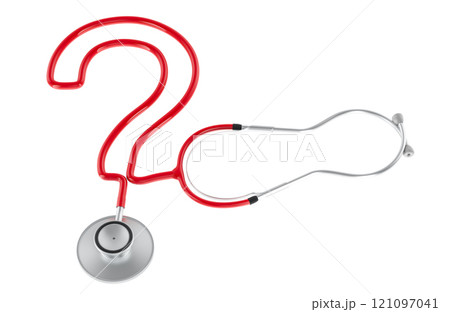 Stethoscope with question mark shape from cord. Medical question concept, 3D rendering 121097041