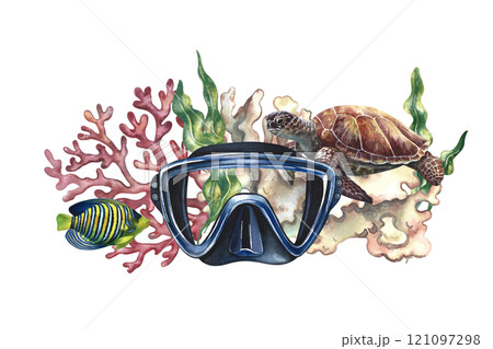 Diving. Coral fish, sea turtle, corals and a diver's mask. A hand-drawn watercolor illustration. Isolate it. For postcards, prints, stickers and flyers. For banners, posters and business cards. Diving. Coral fish, sea turtle, corals and a diver's mask. A hand-drawn watercolor illustration. Isolate it. For postcards, prints, stickers and flyers. For banners, posters and business cards. 121097298