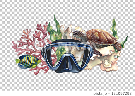 Diving. Coral fish, sea turtle, corals and a diver's mask. A hand-drawn watercolor illustration. Isolate it. For postcards, prints, stickers and flyers. For banners, posters and business cards. Diving. Coral fish, sea turtle, corals and a diver's mask. A hand-drawn watercolor illustration. Isolate it. For postcards, prints, stickers and flyers. For banners, posters and business cards. 121097298
