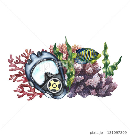 Diving. Coral fish, corals and a diver's mask. A hand-drawn watercolor illustration. Isolate it. For postcards, prints, stickers and flyers. For banners, posters and business cards. 121097299