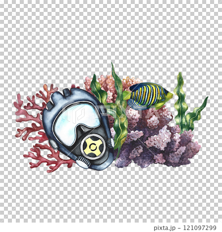 Diving. Coral fish, corals and a diver's mask. A hand-drawn watercolor illustration. Isolate it. For postcards, prints, stickers and flyers. For banners, posters and business cards. 121097299