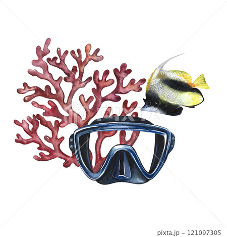 Marine, coral fish, coral and diver's mask. A hand-drawn watercolor illustration. Isolate. For postcards, prints, stickers and flyers. For banners and posters and business cards. Marine, coral fish, coral and diver's mask. A hand-drawn watercolor illustration. Isolate. For postcards, prints, stickers and flyers. For banners and posters and business cards. 121097305