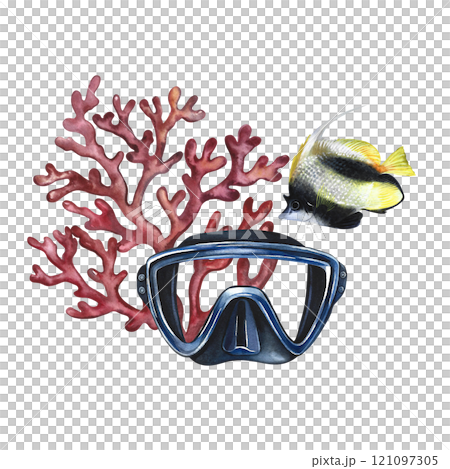Marine, coral fish, coral and diver's mask. A hand-drawn watercolor illustration. Isolate. For postcards, prints, stickers and flyers. For banners and posters and business cards. Marine, coral fish, coral and diver's mask. A hand-drawn watercolor illustration. Isolate. For postcards, prints, stickers and flyers. For banners and posters and business cards. 121097305