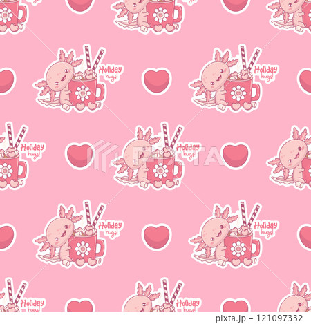Seamless holiday pattern. Funny Axolotl with cup festive hot cocoa with marshmallows and candies on pink background with heart. Little cool cartoon kawaii animal sticker. Vector illustration. 121097332