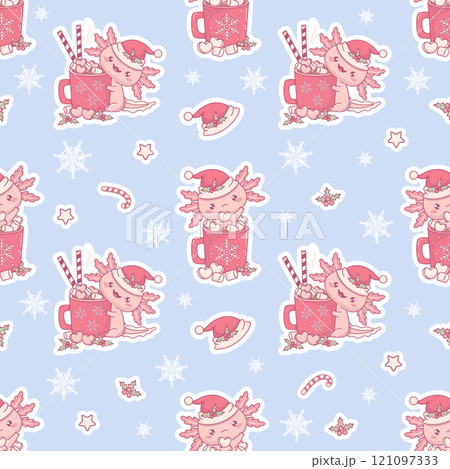 Christmas Seamless pattern with cute pink Axolotl Santa with festive cup Hot Cocoa with Marshmallows on light blue background. New Year Funny Little cartoon kawaii character. Vector illustration. 121097333