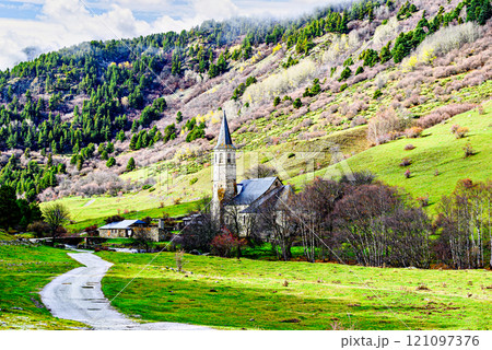 Montgarri Sanctuary, located in the municipality of Alto Aran in the Lerida Pyrenees, Catalonia, Spain 121097376