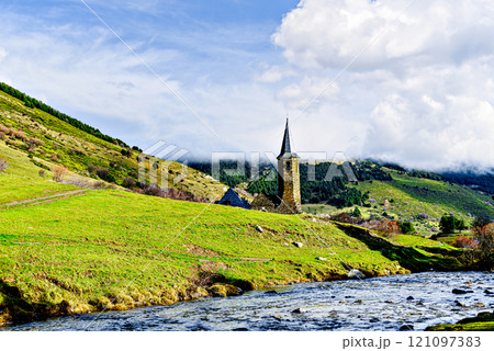 Montgarri Sanctuary, located in the municipality of Alto Aran in the Lerida Pyrenees, Catalonia, Spain 121097383