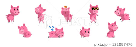 Funny Pink Pig Character Enjoy Different Activity Vector Set 121097476