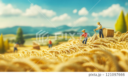 畑で働く農業のミニチュアモデル 121097666