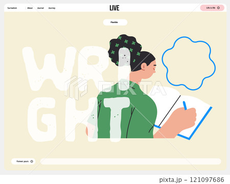 Writing people, modern flat vector concept illustration- sitting woman thoughtfully writing on notebook, bubble near head Metaphor for reflection, personal insight, contemplation, creative expression Writing people, modern flat vector concept illustration- sitting woman thoughtfully writing on notebook, bubble near head Metaphor for reflection, personal insight, contemplation, creative expression 121097686