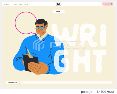 Writing people, modern flat vector concept illustration- standing man thoughtfully writing on clipboard, bubble near head Metaphor for reflection, personal insight, contemplation, creative expression 121097688