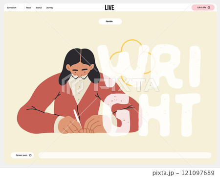 Writing people, modern flat vector concept illustration- sitting woman thoughtfully writing on paper, bubble near head Metaphor for reflection, personal insight, contemplation, creative expression 121097689
