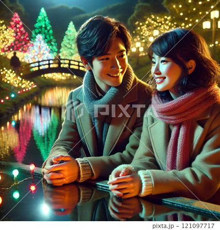 公園の湖畔でクリスマスイルミネーションの反射を眺めるカップルを生成で描きました 121097717