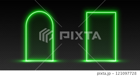 Neon door and arch, green glowing portal, futuristic gate, magic LED frame. Neon door and arch, green glowing portal, futuristic gate, magic LED frame. 121097728