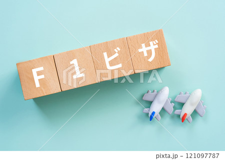 F1ビザの文字が入ったブロックと飛行機 F1ビザの文字が入ったブロックと飛行機 121097787